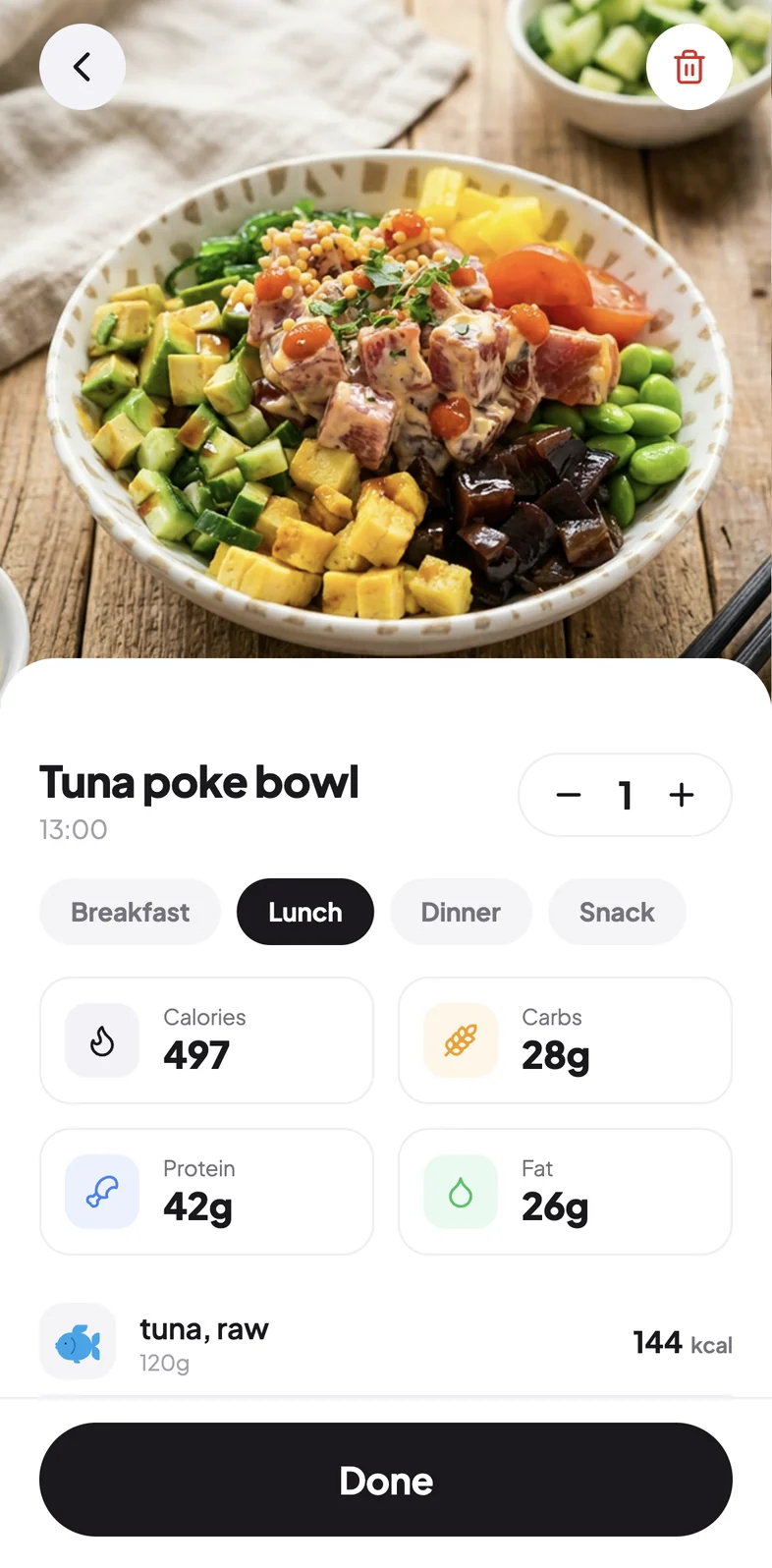 Tuna poke bowl · 497 kcal